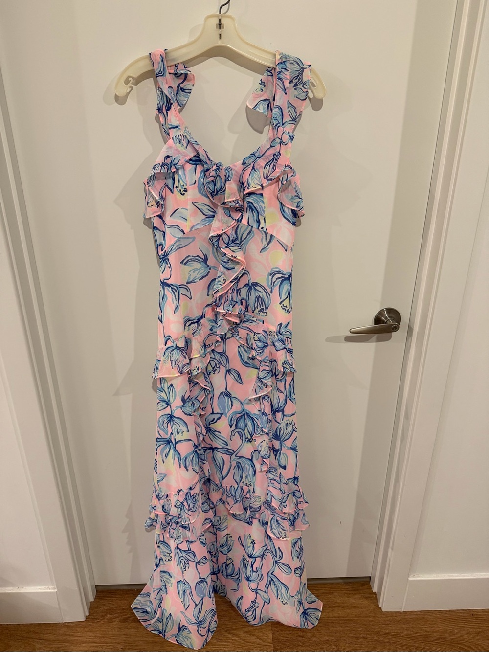 Lilly Pulitzer Pink and Blue Floral Ruffle Maxi Dress